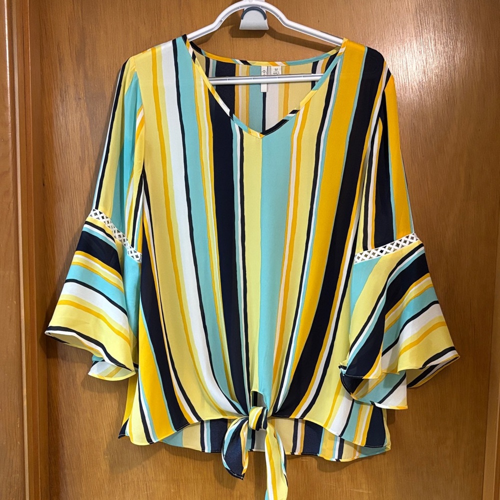 C est. 1946 Striped Bell Sleeve Blouse with Tie Front